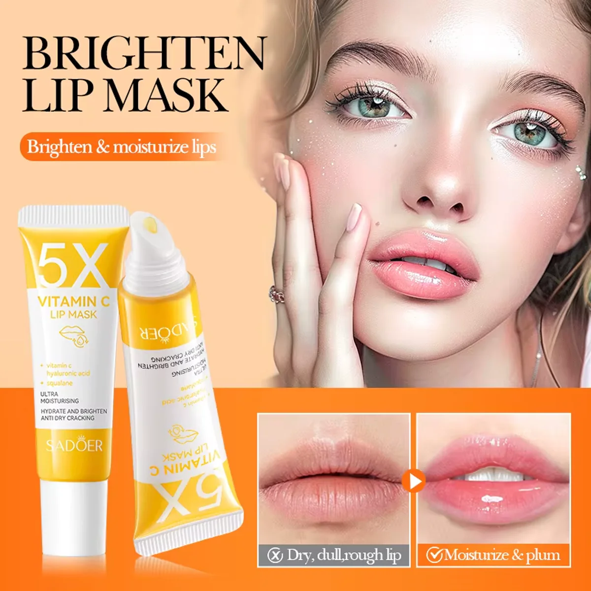 SADOER 5X Niacinamide Pink Lip Mask Ceramide Vitamin C قناع الشفاه الأصفر بفيتامين C مرطب ومضاد للتقشير والجفاف - Image 2