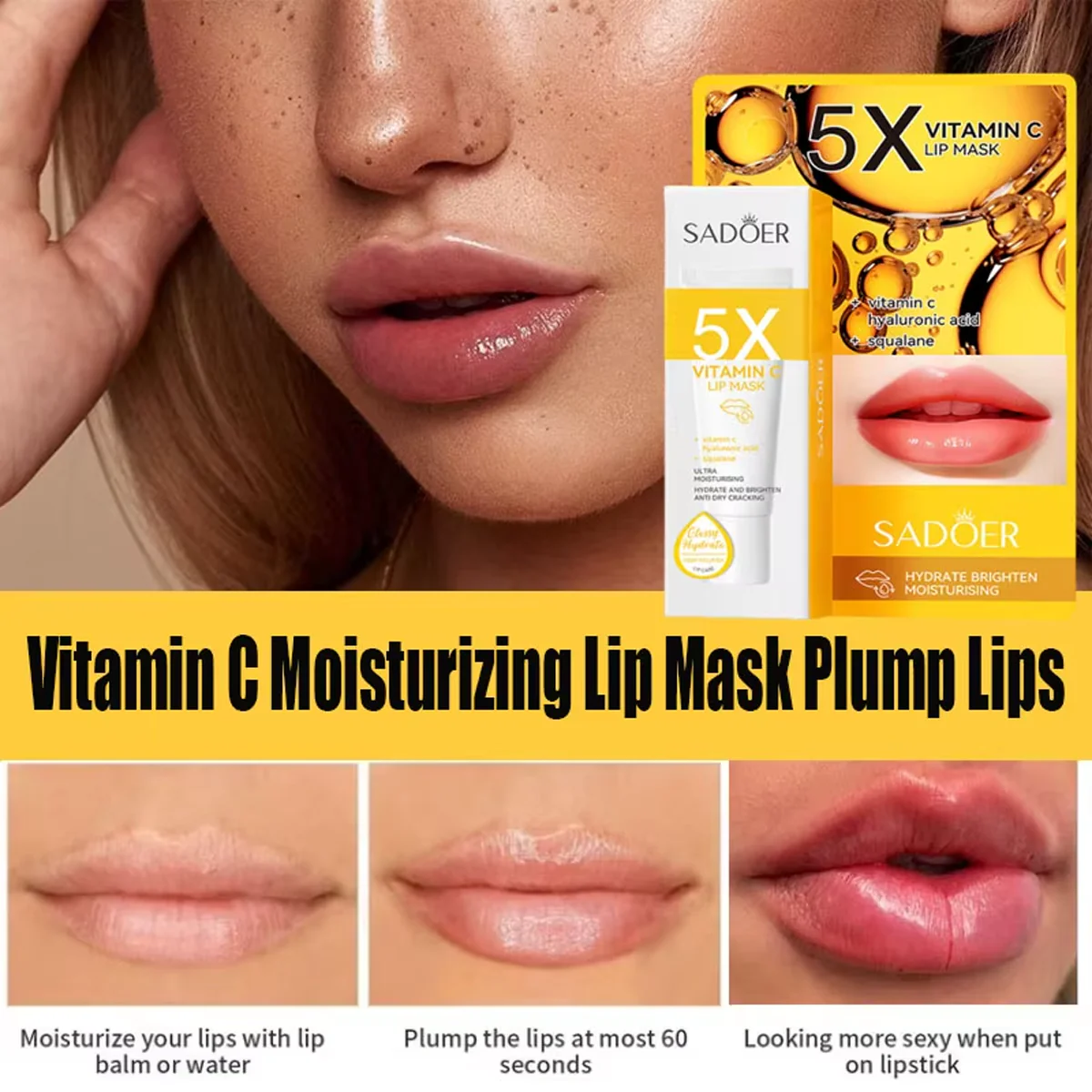 SADOER 5X Niacinamide Pink Lip Mask Ceramide Vitamin C قناع الشفاه الأصفر بفيتامين C مرطب ومضاد للتقشير والجفاف - Image 3