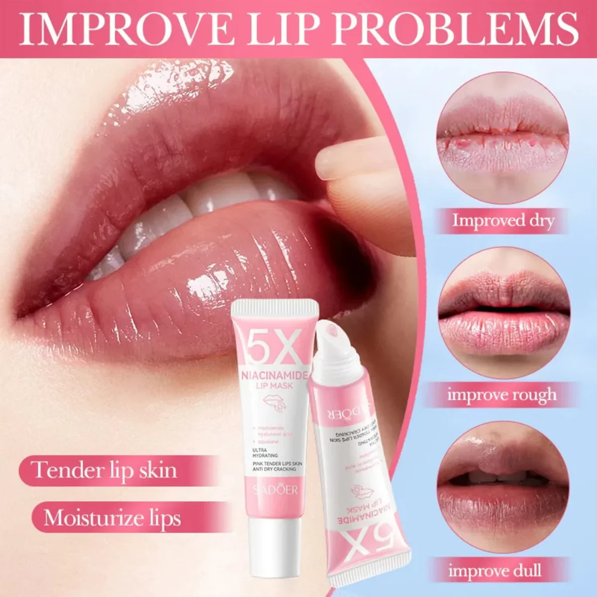 SADOER 5X Niacinamide Lip Mask Pink قناع الشفاه الوردي مرطب ومضاد للتقشير والجفاف - Image 2